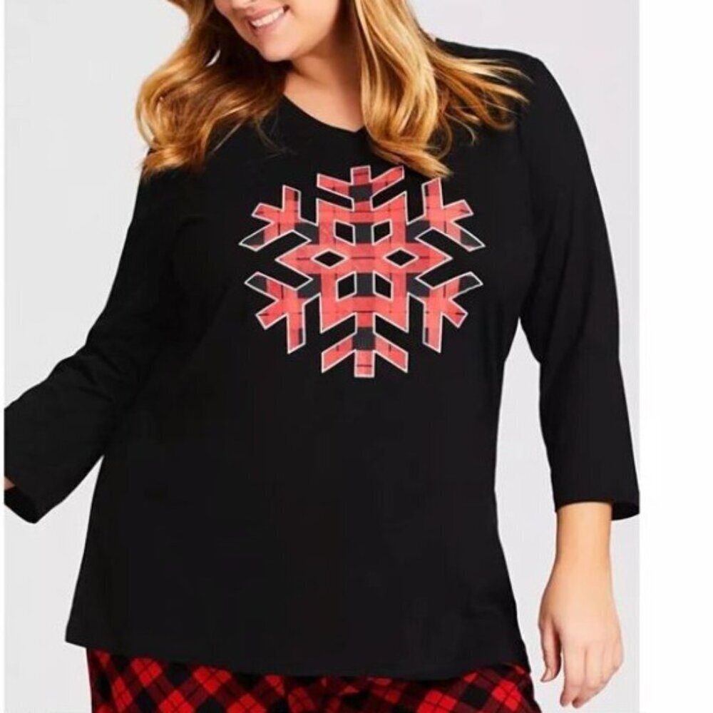 Avenue Holiday Sleep Top Plus Size 22/24 Christmas Snowflake Lounge Tee Black